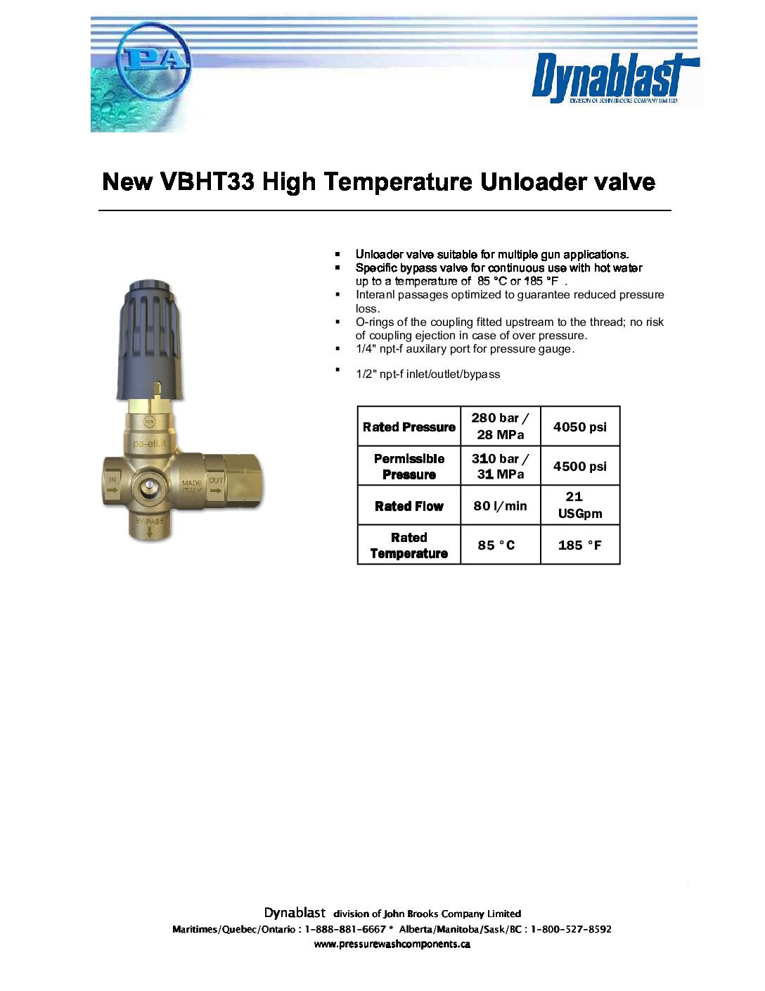 PA VBHT33 High Temperature Unloader Valves
